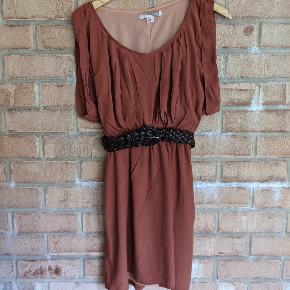 Burnt Orange Sheath Dress w/ Brown Woven Belt